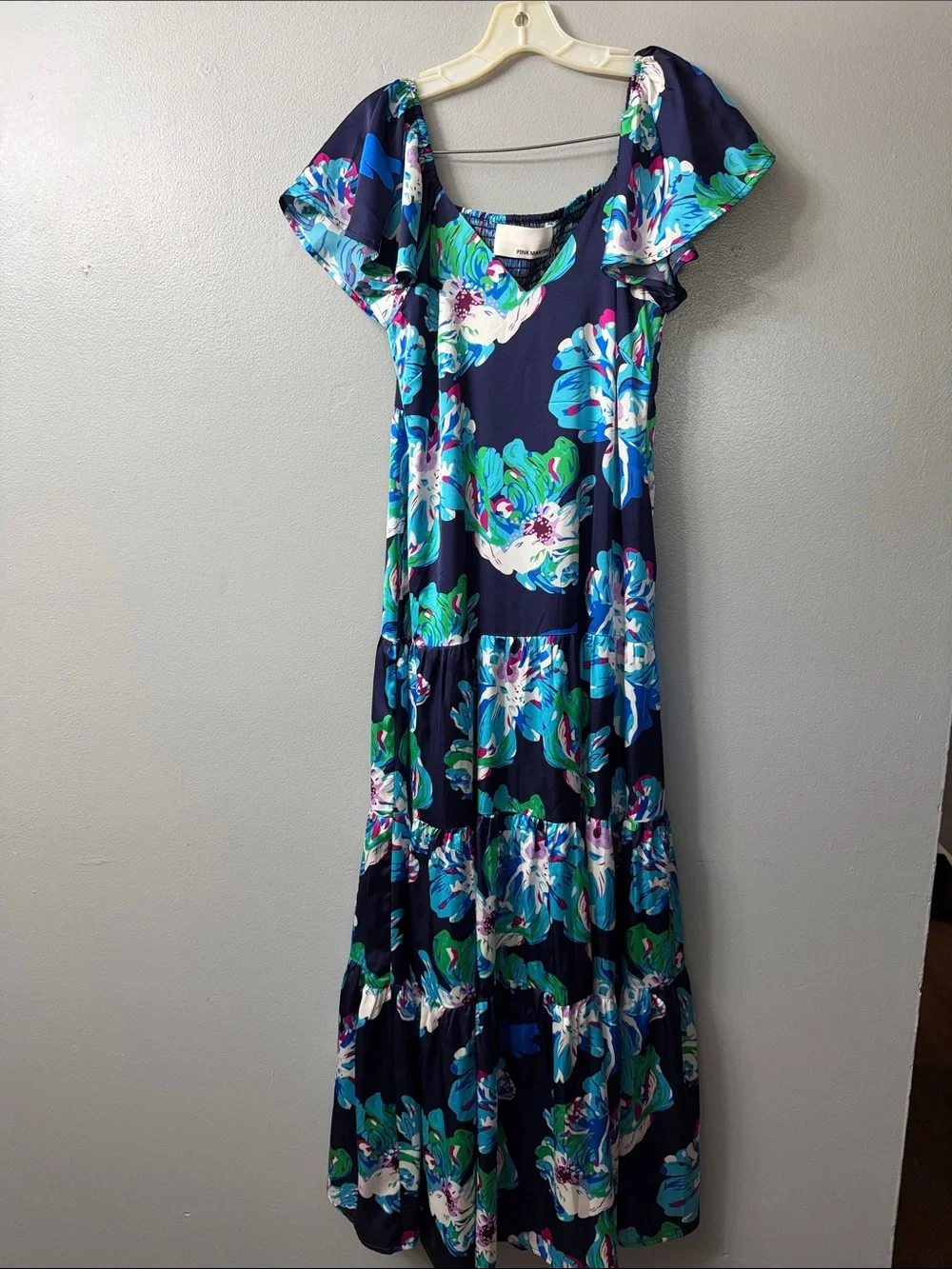 Pink Martini Scheana maxi dress tiered skirt, flutter sleeves blue floral small